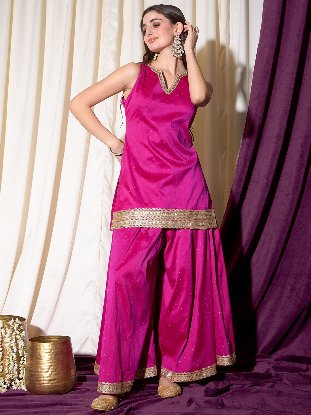 

indo street Embroidered Notch Neck Straight Kurti With Sharara, Fuchsia
