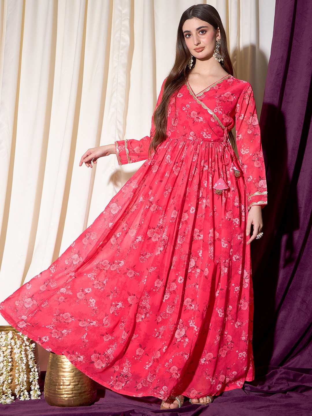 

indo street Floral Printed Lace & Tie Up Maxi Ethnic Dress, Red