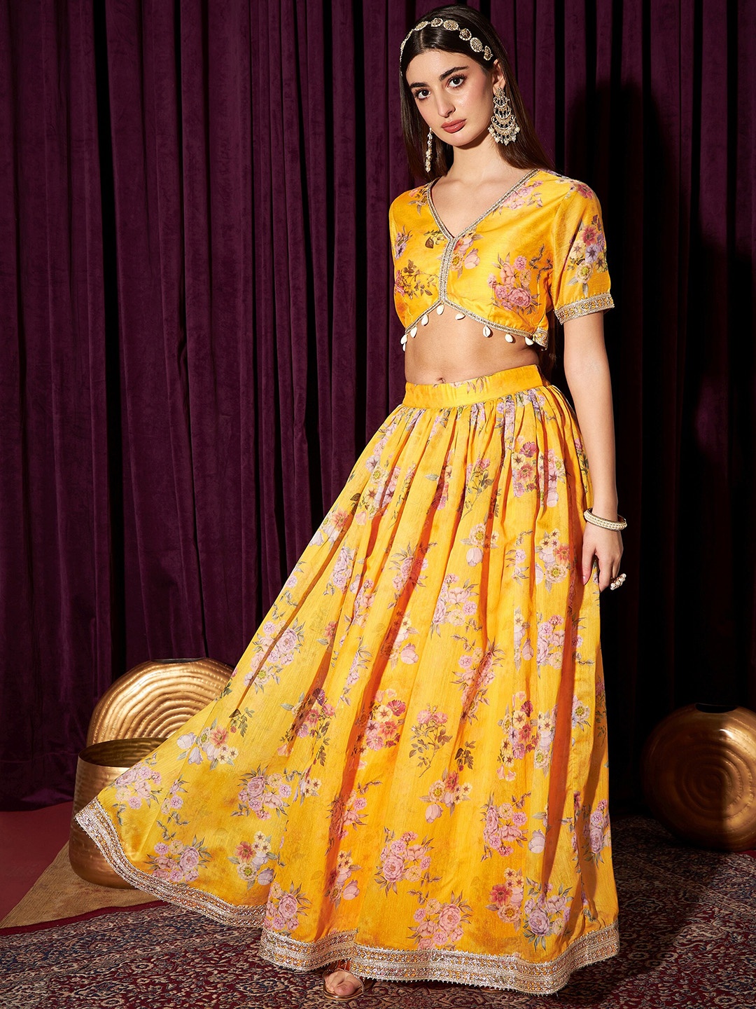 

indo street Floral Printed Gotta Patti Ready To Wear Lehenga & Choli, Yellow