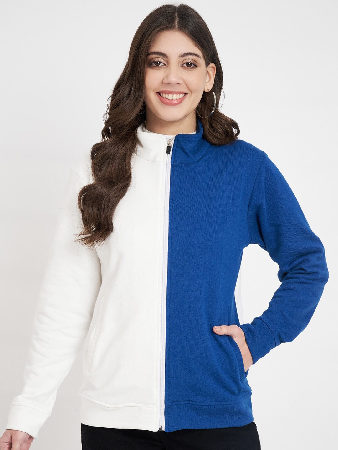 

CHARMGAL Colourblocked Mock Collar Cotton Cotton Tailored Jacket, Blue