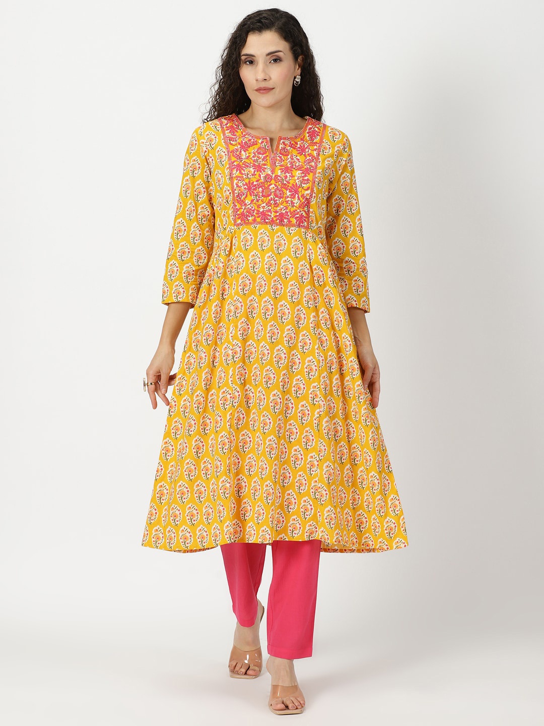 

Saffron Threads Sanganeri Floral Print A-line Kurta with Yoke Embroidery, Yellow