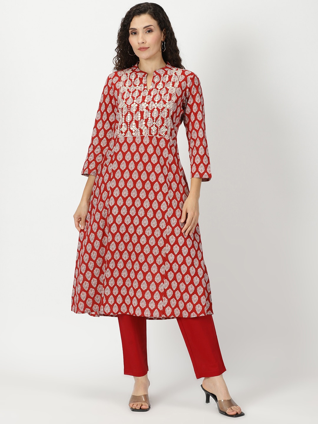 

Saffron Threads Leaf Printed with Yoke Embroidered Cotton Kurta, Red