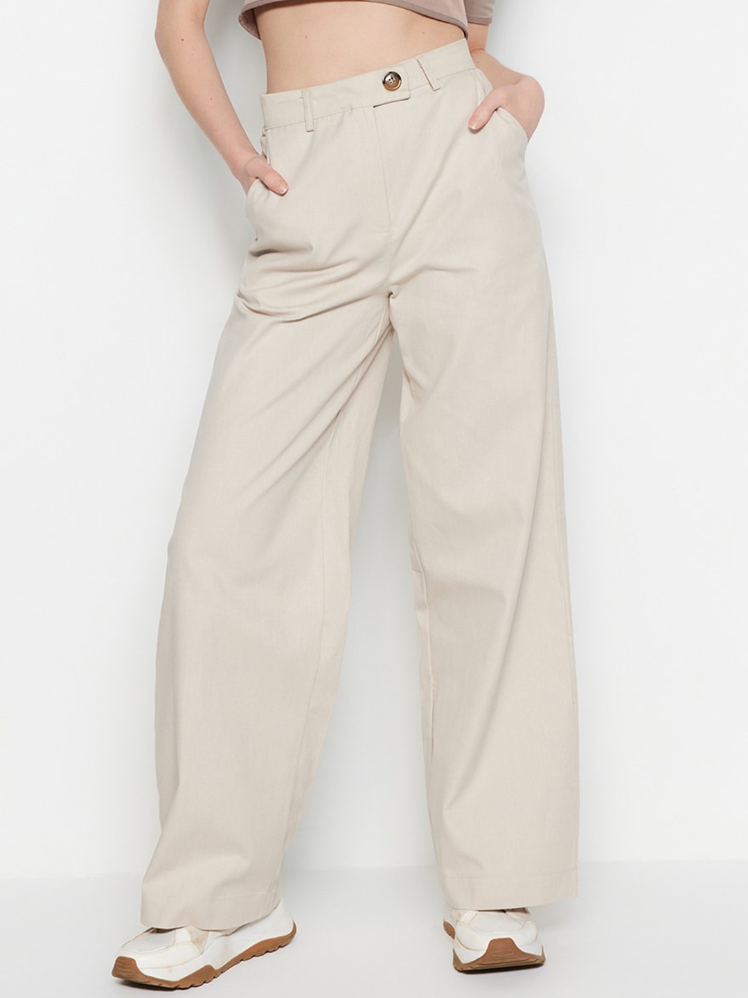 

Trendyol Women Mid-Rise Pure Cotton Parallel Trousers, Beige