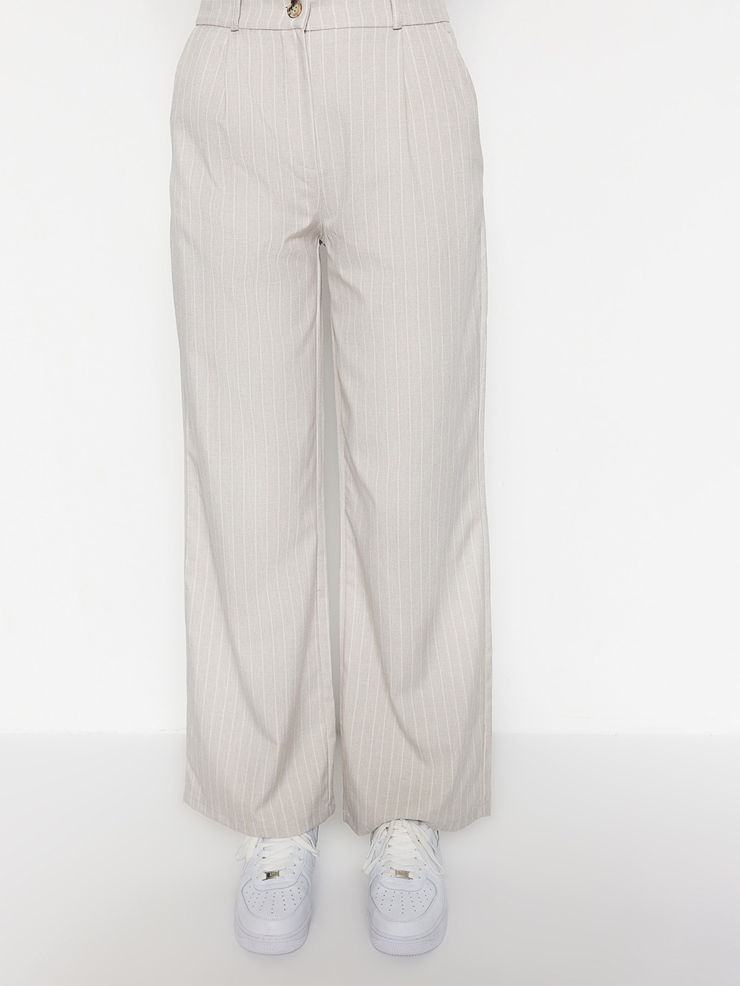 

Trendyol Women Striped Mid-Rise Parallel Trousers, Beige