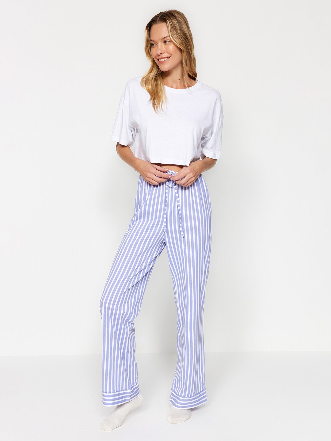 

Trendyol Women Striped Mid-Rise Cotton Regular Trouser, Blue