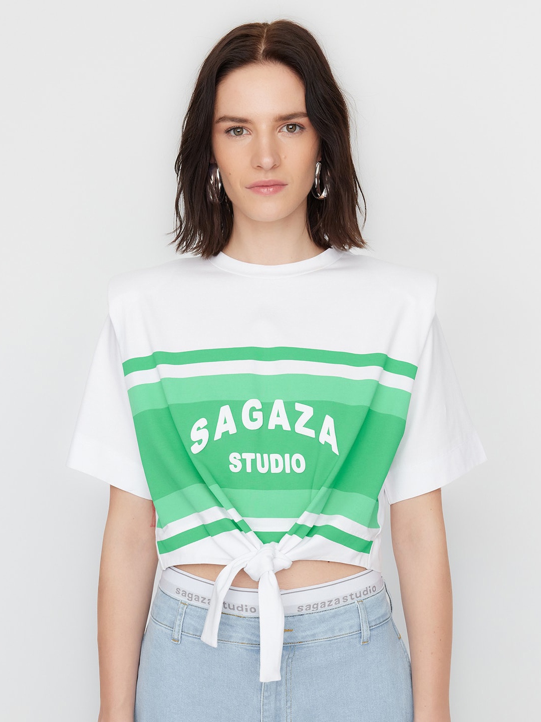 Trendyol Typography Printed Round Neck Cotton Crop T-shirt, White
