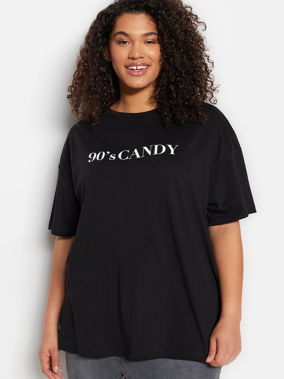 

Trendyol Typography Printed Round Neck Cotton T-shirt, Black