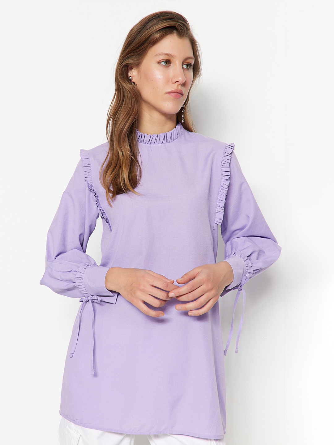 

Trendyol High Neck Puff Sleeve Ruffled Tunic, Purple