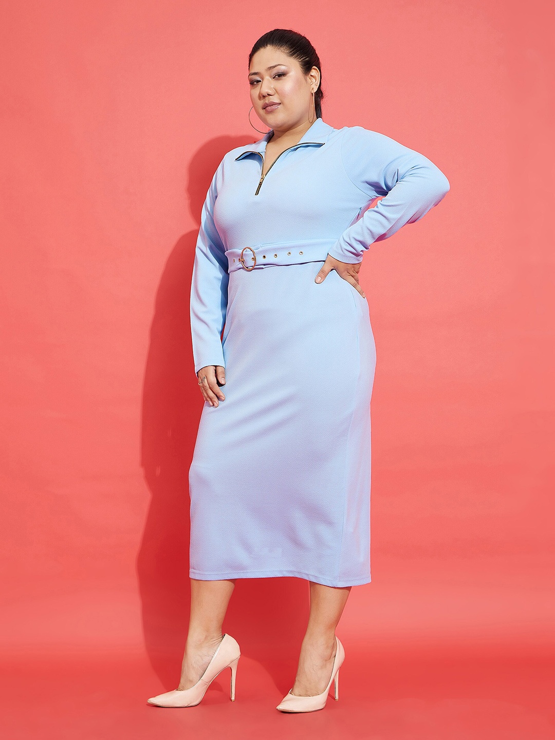 

SASSAFRAS Curve Shirt Collar Long Sleeves Sheath Dress With Belt, Blue