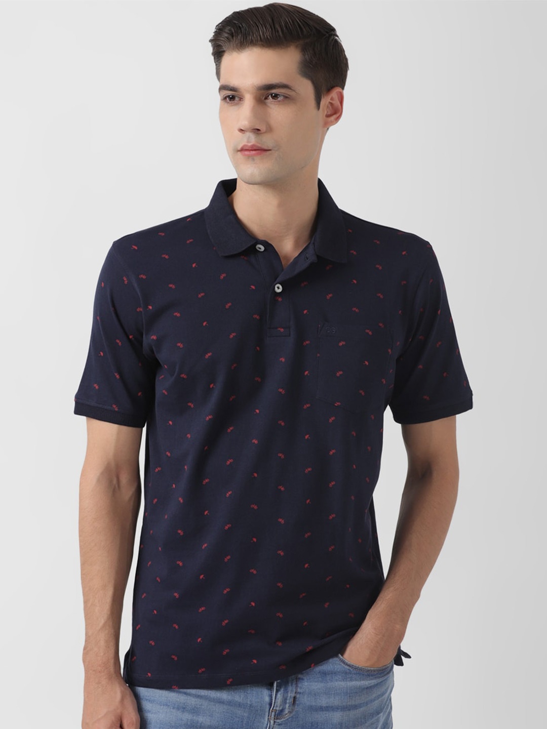 

Peter England Casuals Conversational Printed Polo Collar Cotton T-shirt, Navy blue