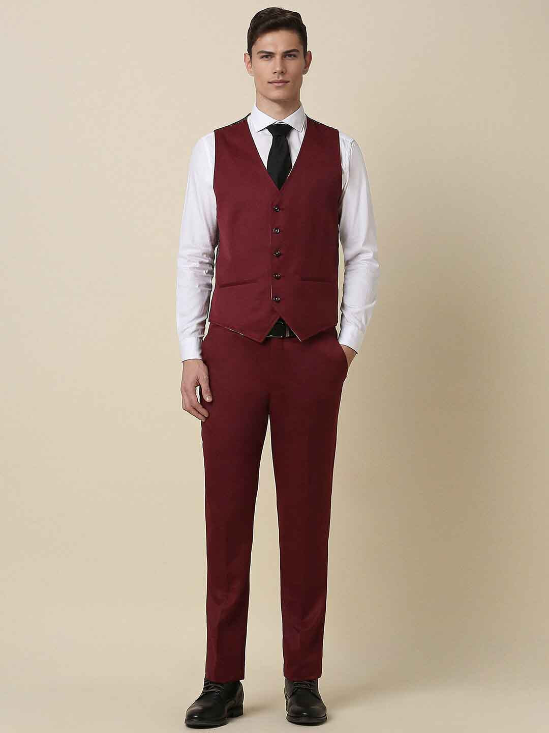

Allen Solly 3-Pcs Single-Breasted Slim Fit Formal Suit, Maroon