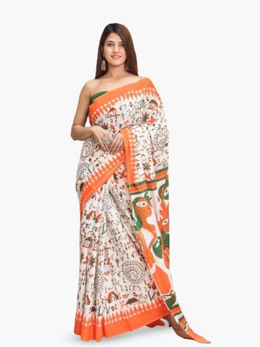 

JALTHER Ethnic Motifs Printed Pure Cotton Saree, Orange