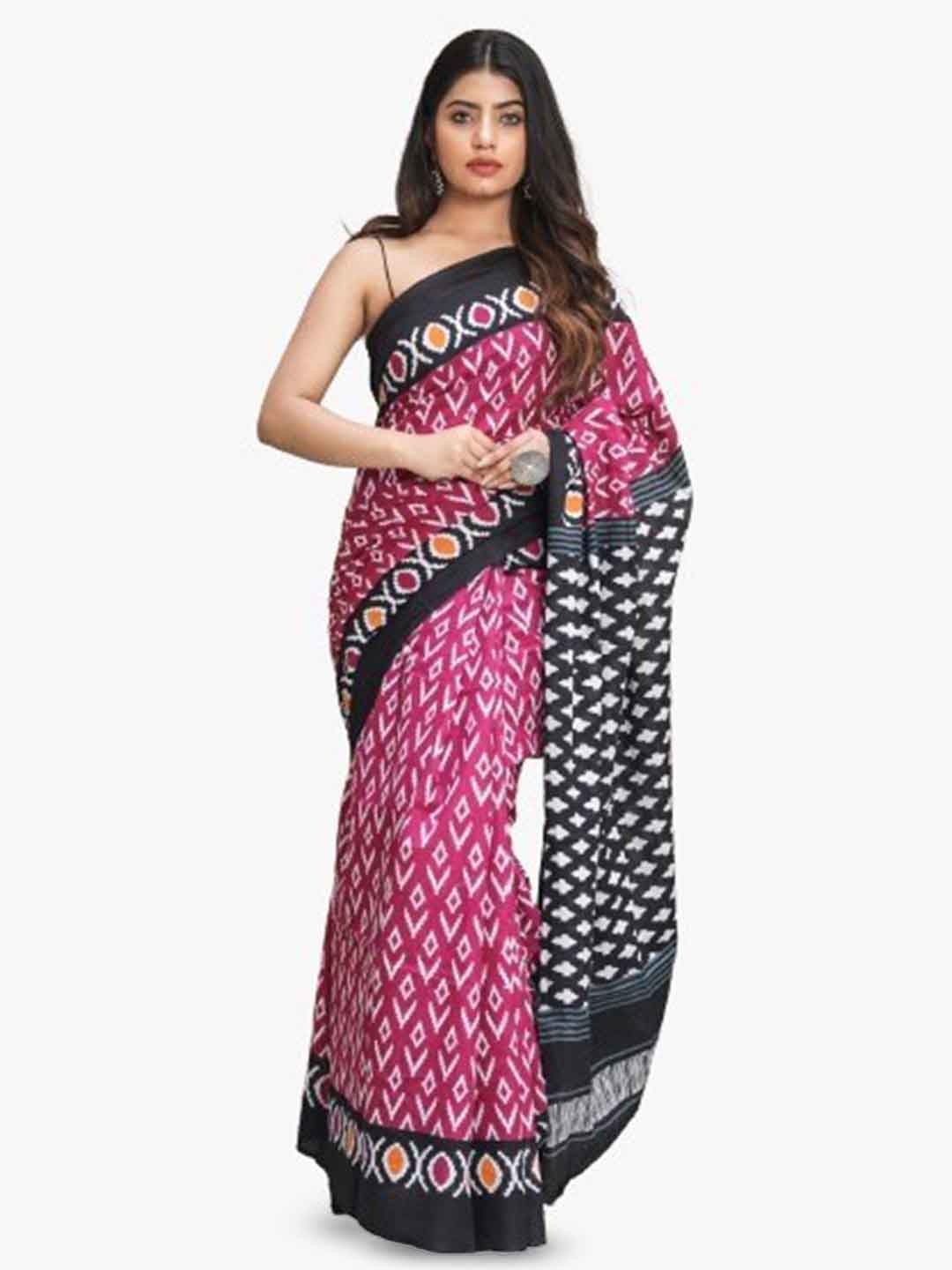 

JALTHER Geometric Printed Pure Cotton Saree, Black