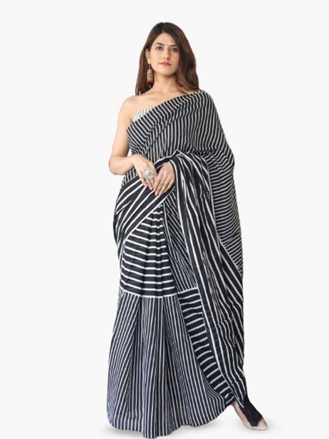 

JALTHER Striped Printed Pure Cotton Saree, Black