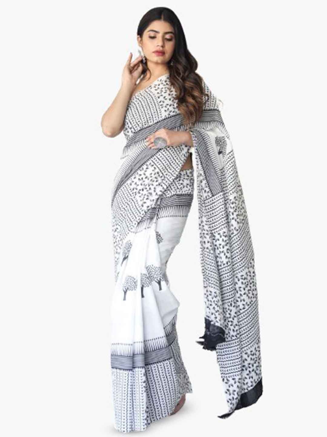 

JALTHER Floral Printed Pure Cotton Saree, White