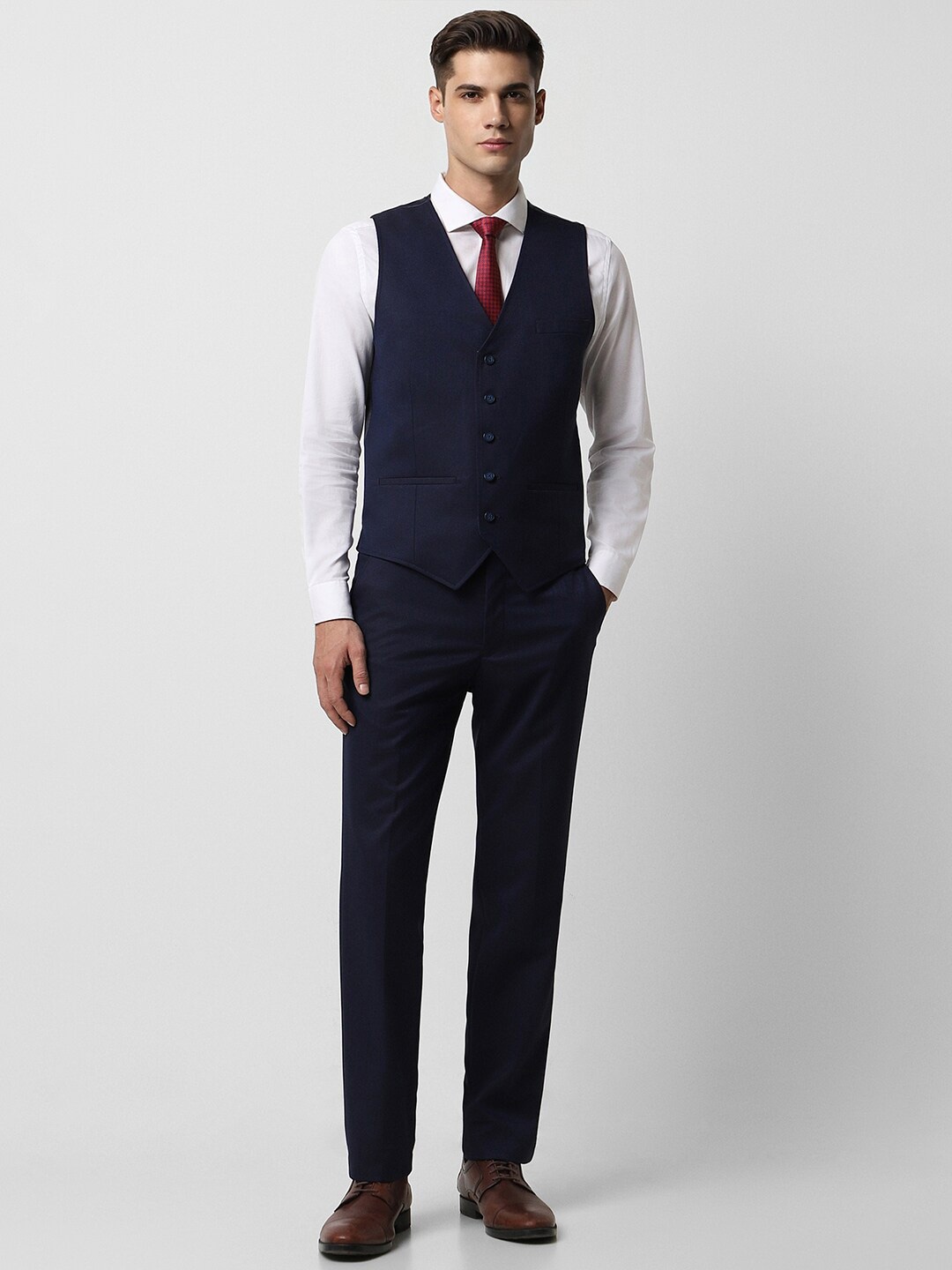 

Van Heusen Self-Design Slim-Fit Single-Breasted Three-Piece Formal Suit, Navy blue