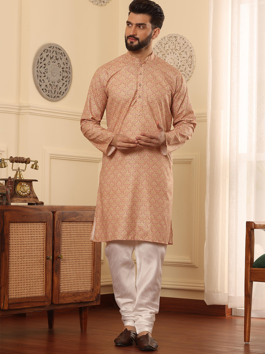 

Armaan Ethnic Paisley Printed Mandarin Collar Straight Kurta With Churidar, Peach