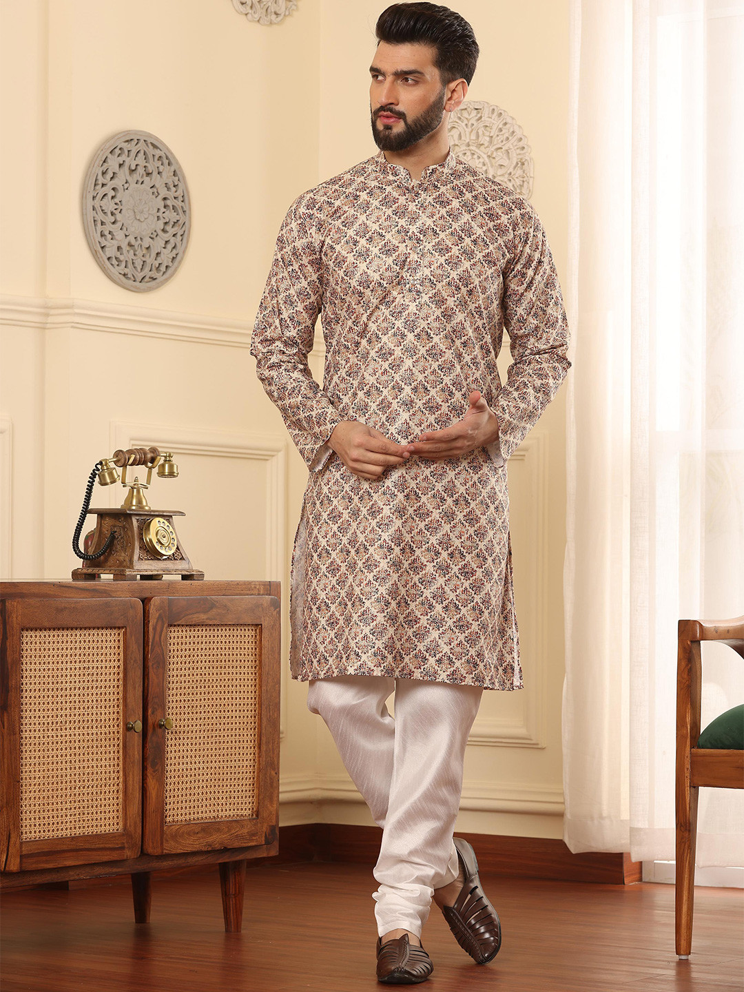 

Armaan Ethnic Paisley Printed Mandarin Collar Straight Kurta With Churidar, Beige