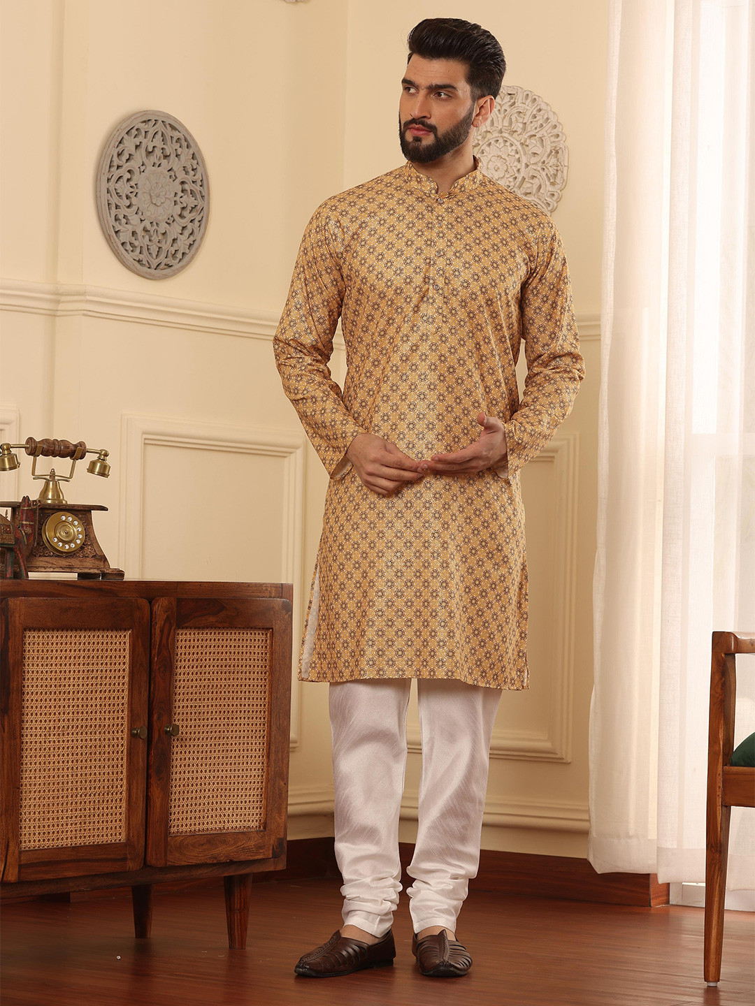

Armaan Ethnic Ethnic Motifs Printed Mandarin Collar Straight Kurta With Churidar, Gold