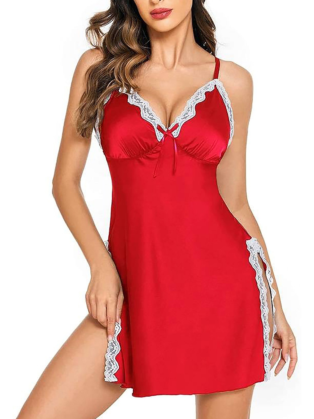 

AROUSY Red & White Net Baby Doll with High-Low