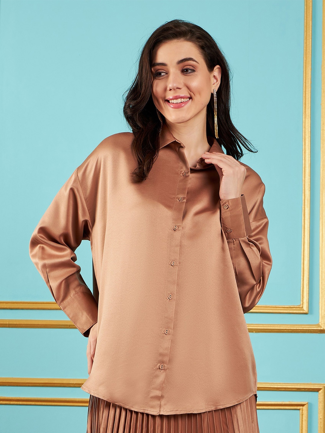 

SASSAFRAS Brown Casual Satin Oversized Shirt