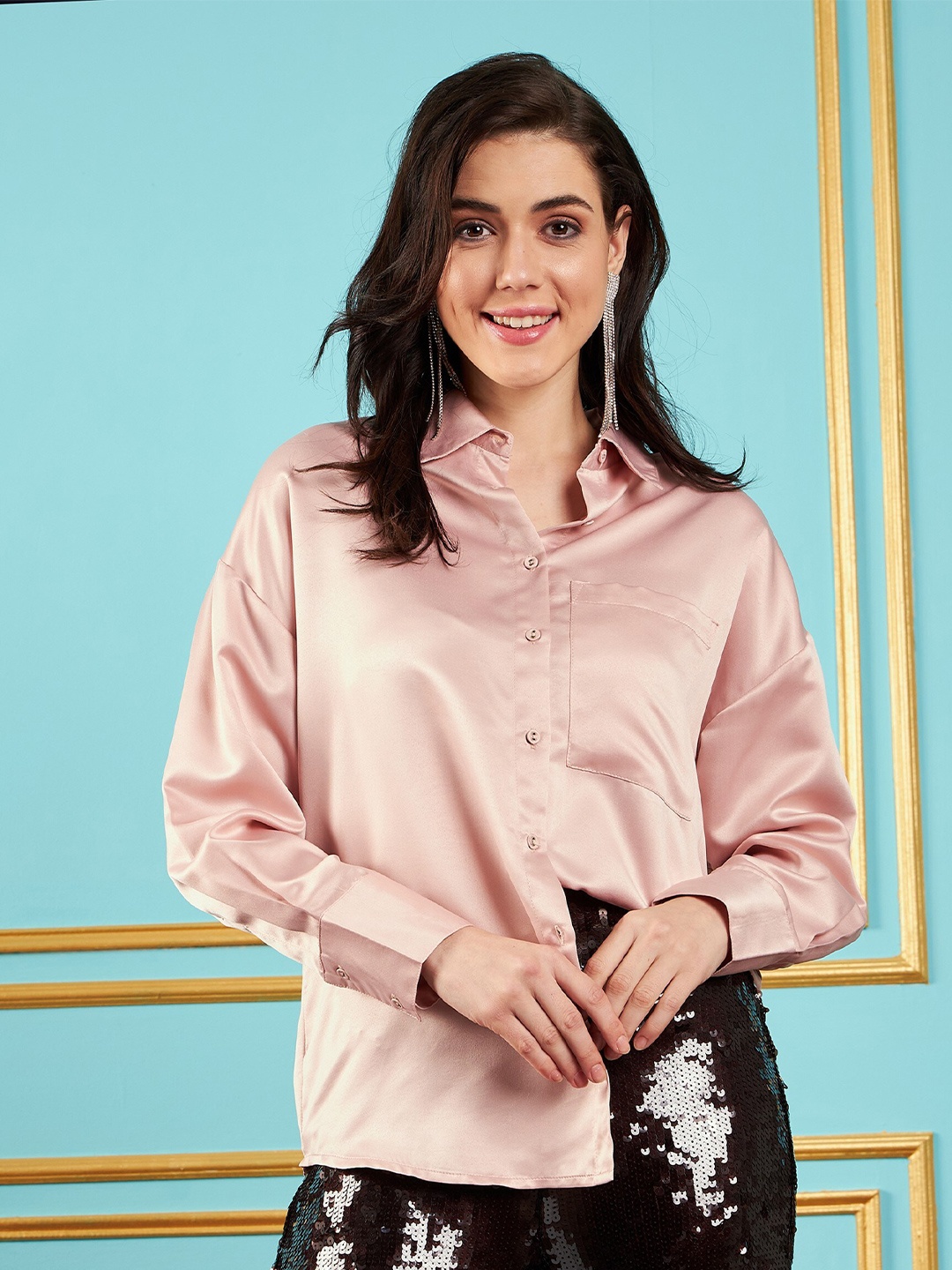 

SASSAFRAS Pink Spread Collar Casual Satin Oversized Shirt