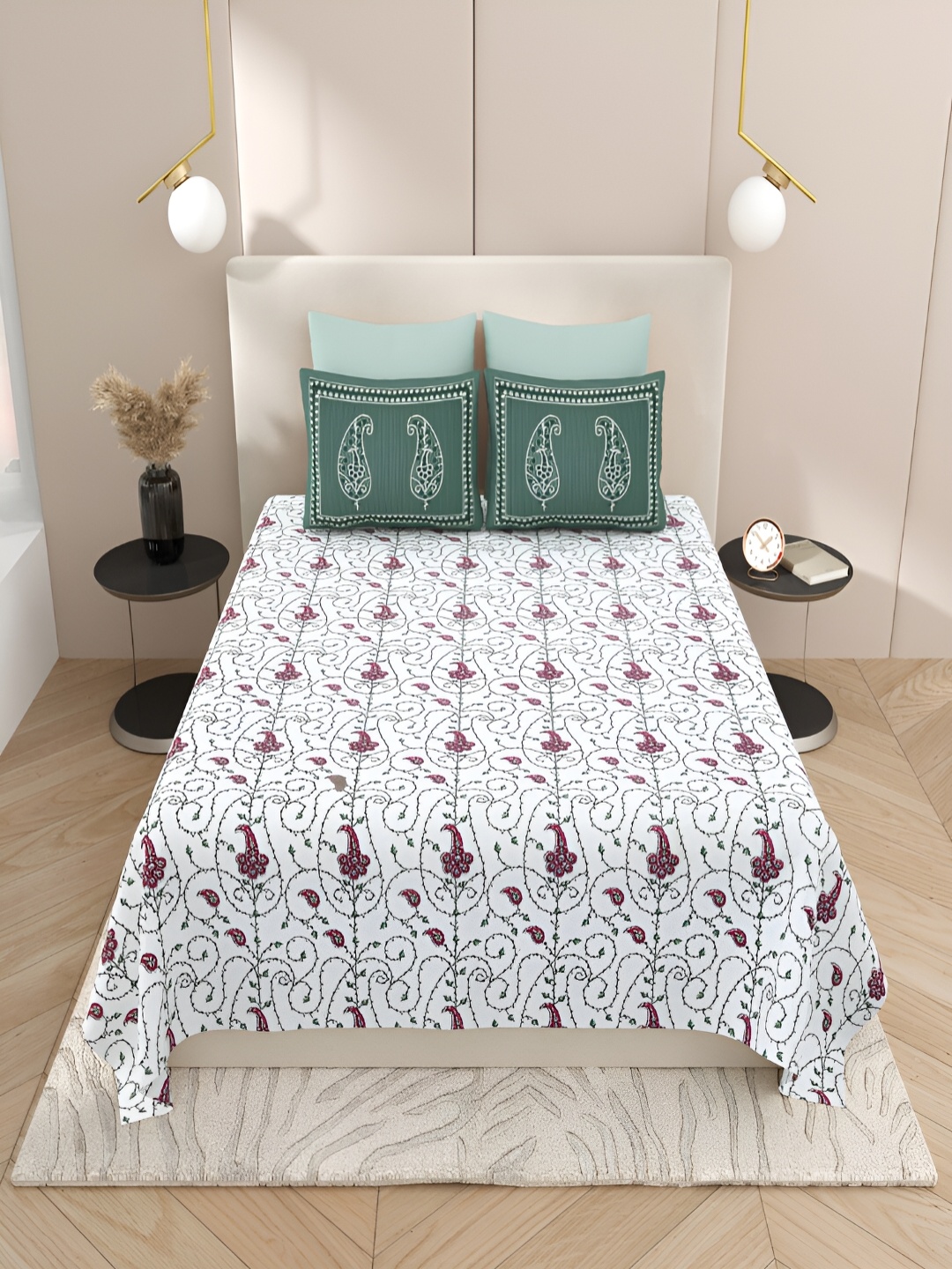 

Qfab Green & White Floral Printed Cotton 144 TC King Bedsheet With 2 Pillow Covers