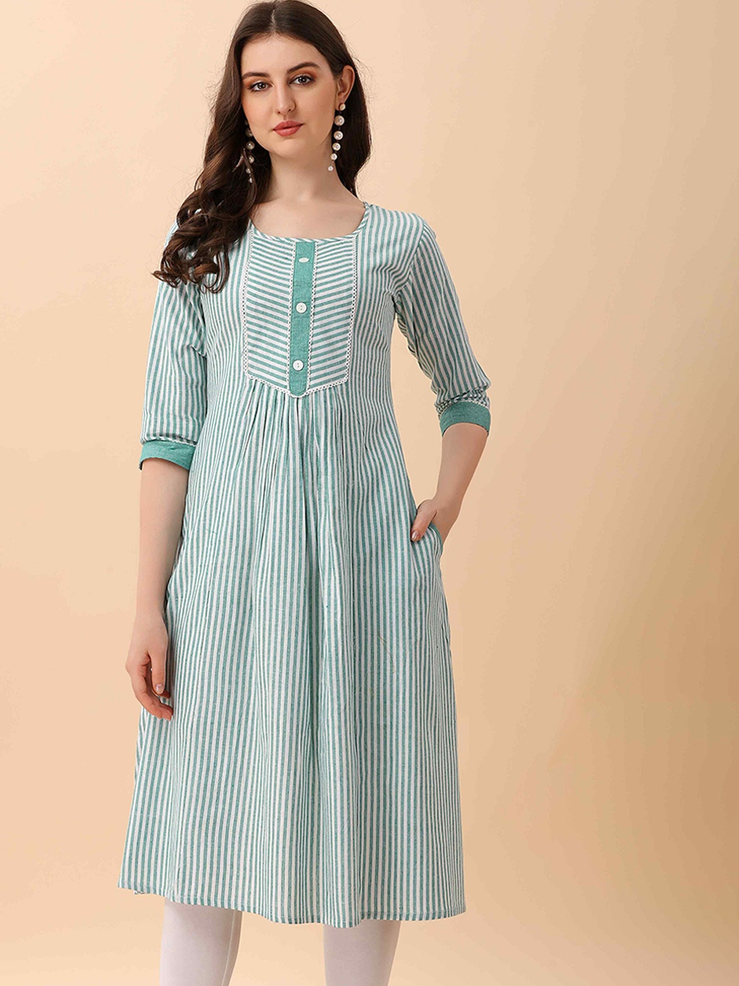 

FLOWERVELLY Striped Pure Cotton A-Line Kurta, Green