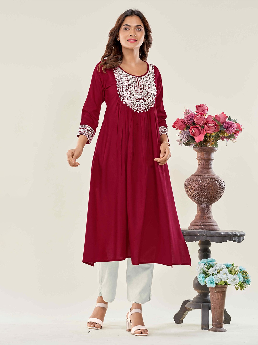 

FLOWERVELLY Embroidered Yoke Design Pleated A-Line Kurta, Maroon