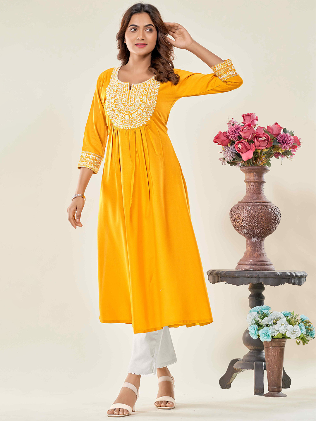 

FLOWERVELLY Embroidered Yoke Design Pleated A-Line Kurta, Yellow