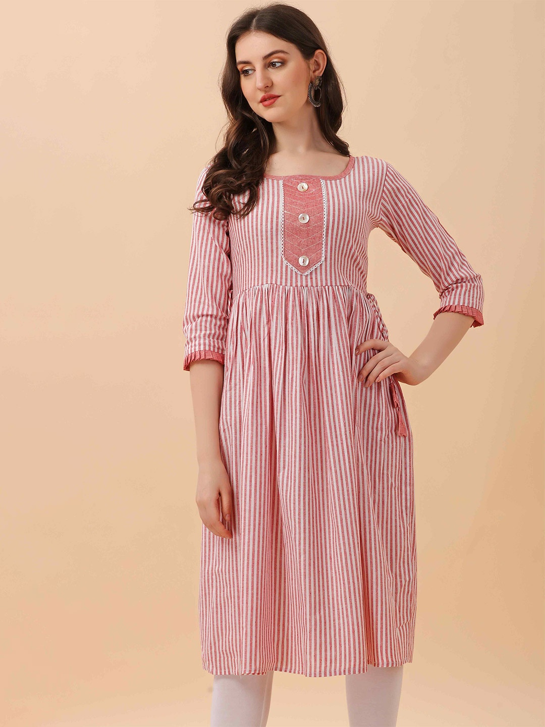 

FLOWERVELLY Striped Round Neck Straight Cotton Kurta, Pink