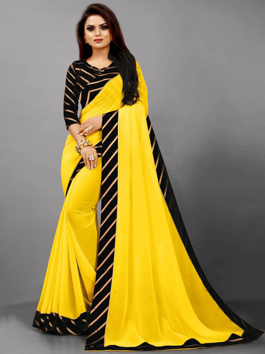 

SM TRENDZ Embellished Pure Georgette Saree, Yellow