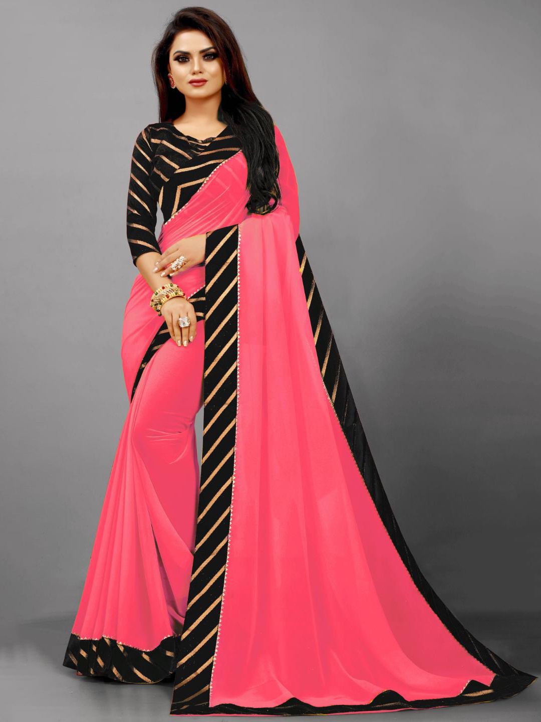 

SM TRENDZ Gotta Patti Pure Georgette Saree, Pink