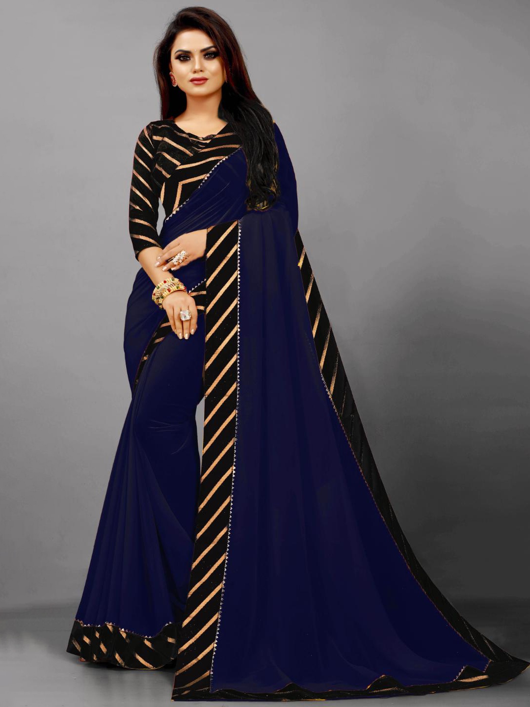 

SM TRENDZ Embellished Pure Georgette Saree, Navy blue