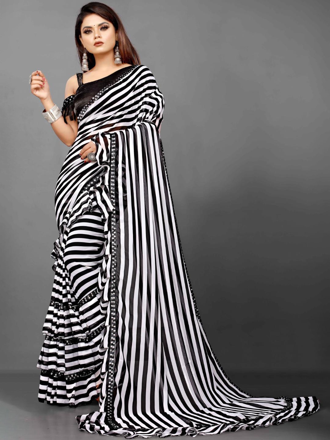 

SM TRENDZ Striped Printed Ruffle Georgette Zebra Saree, Black