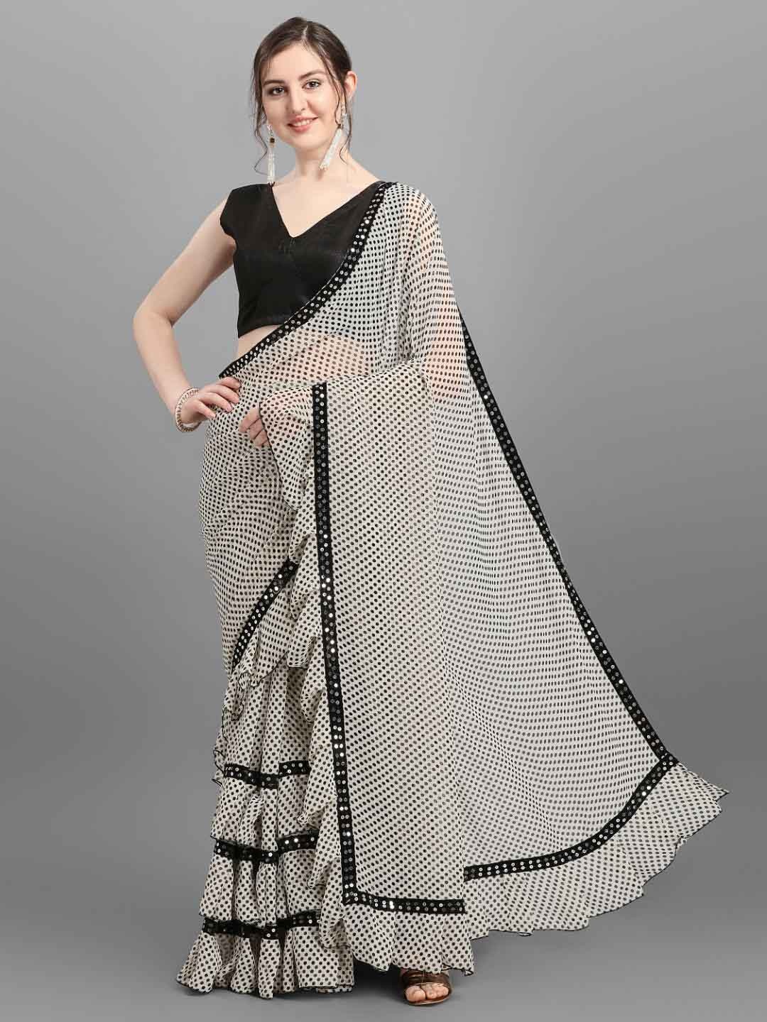 

SM TRENDZ Printed Ruffle Polka Dot Sequinned Pure Georgette Banarasi Saree, White