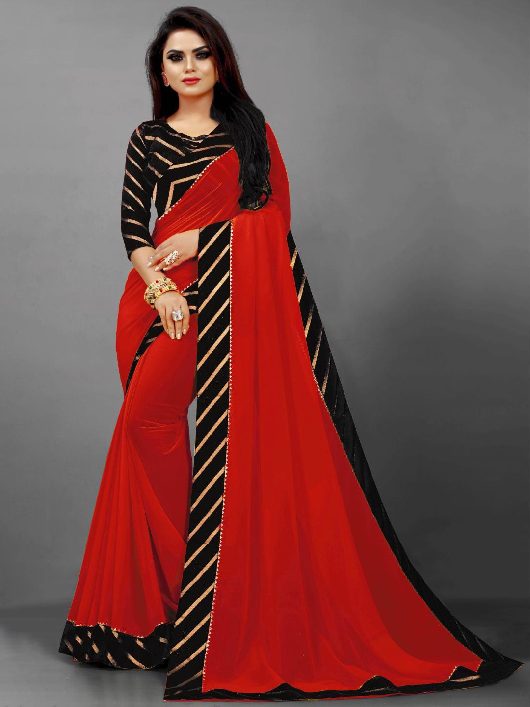 

SM TRENDZ Embellished Pure Georgette Saree, Red