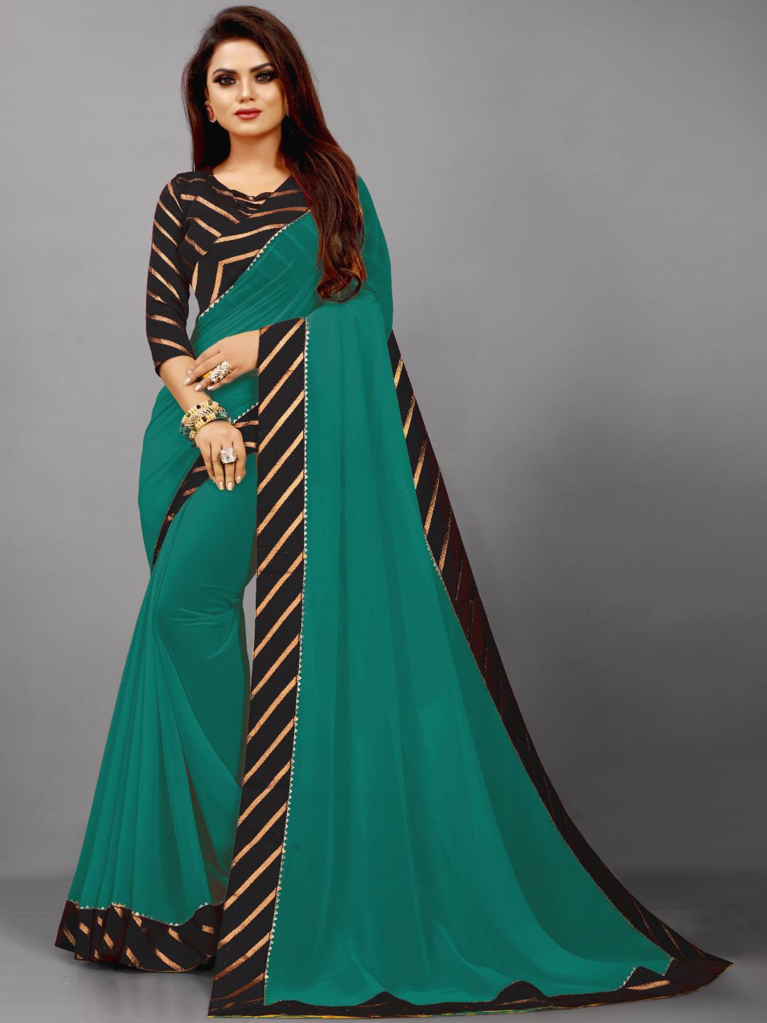 

SM TRENDZ Embellished Pure Georgette Saree, Sea green