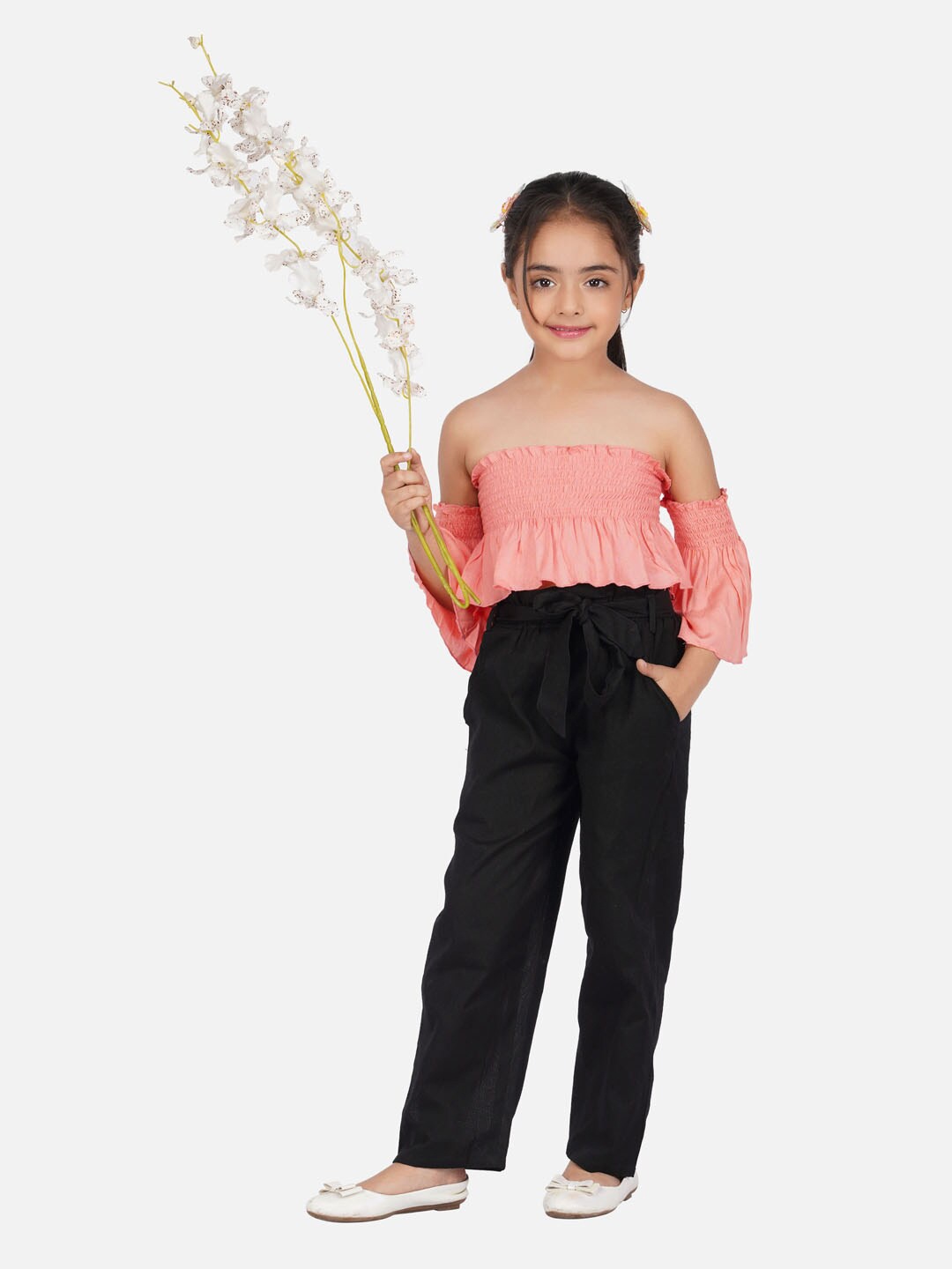 

HERE&NOW Girls Smocked Off-Shoulder Pure Cotton Top with Trousers, Peach