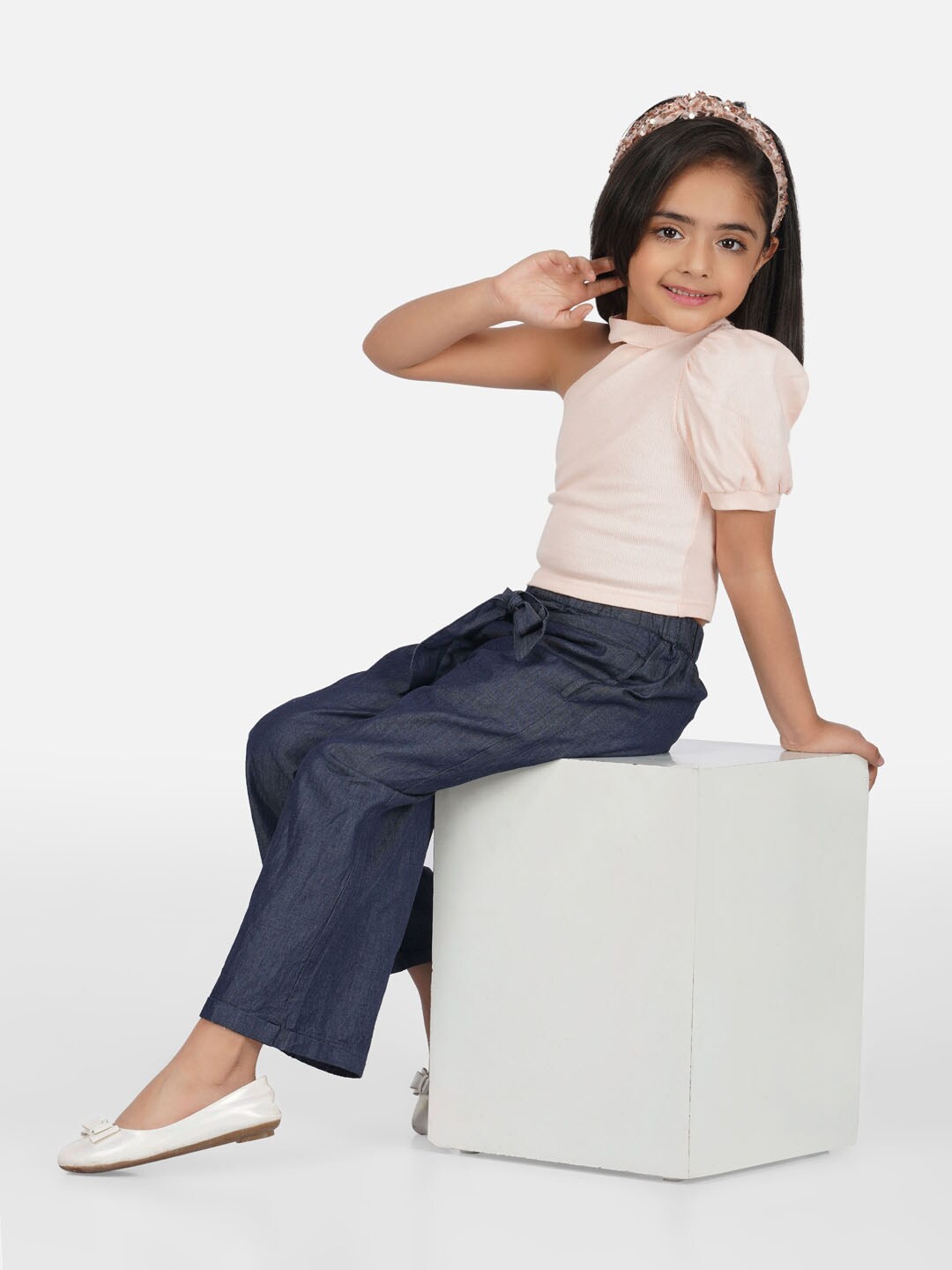 

HERE&NOW Girls Ribbed One Shoulder Top with Denim Palazzo, Pink