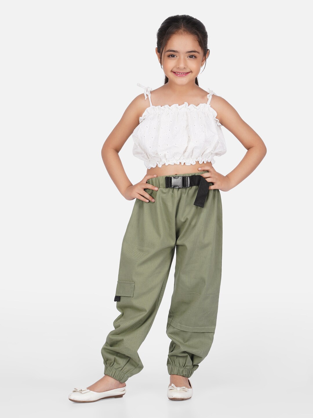 

HERE&NOW Girls Schiffli Crop Top with Cotton Cargo Set, White