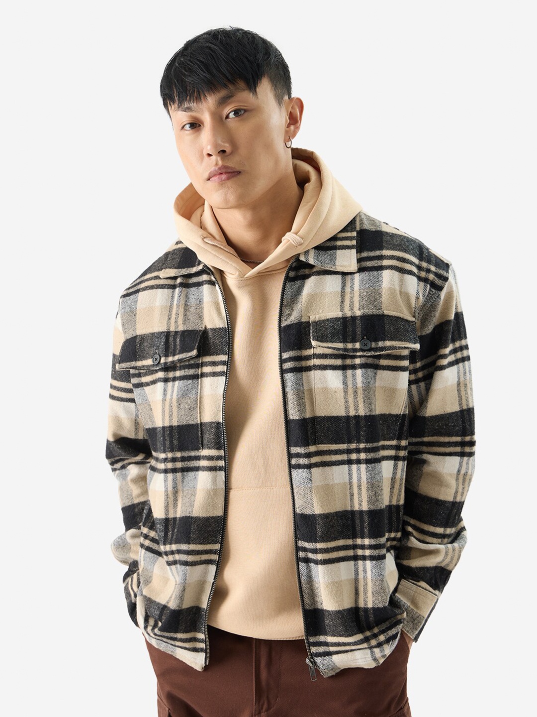 

The Souled Store Tartan Checks Opaque Cotton Oversized Casual Shacket, Brown