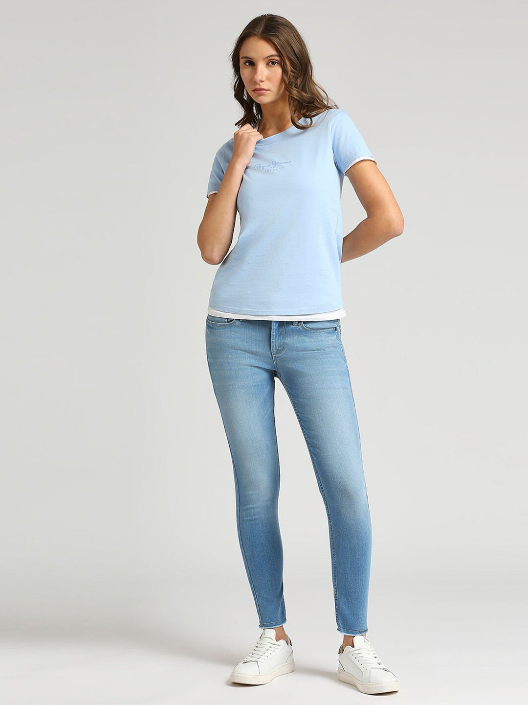 

Pepe Jeans Brand Logo Printed Round Neck Pure Cotton T-shirt, Blue