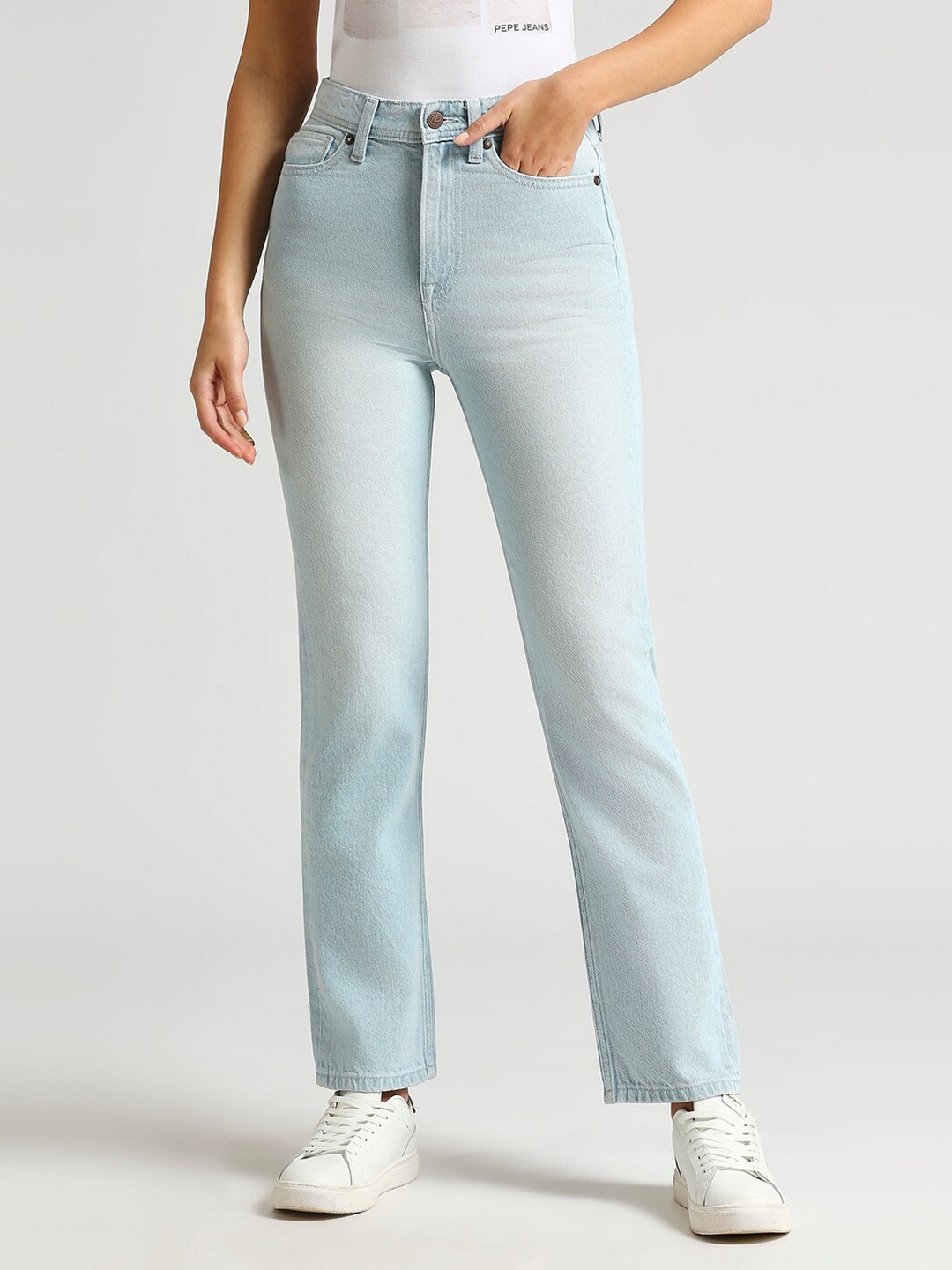 

Pepe Jeans Women Straight Fit High-Rise Pure Cotton Jeans, Blue