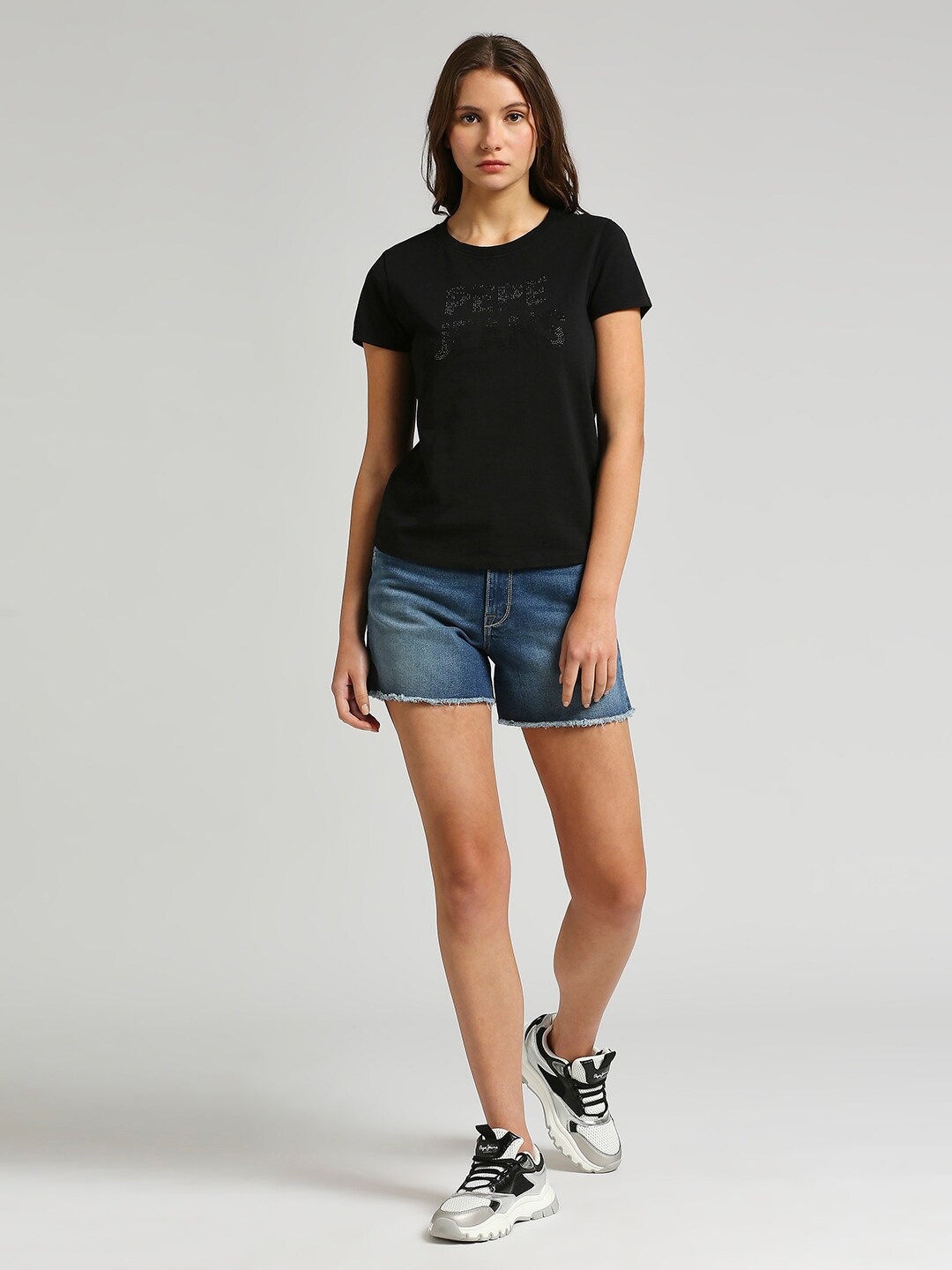 

Pepe Jeans Embellished Round Neck Short Sleeves Pure Cotton T-shirt, Black