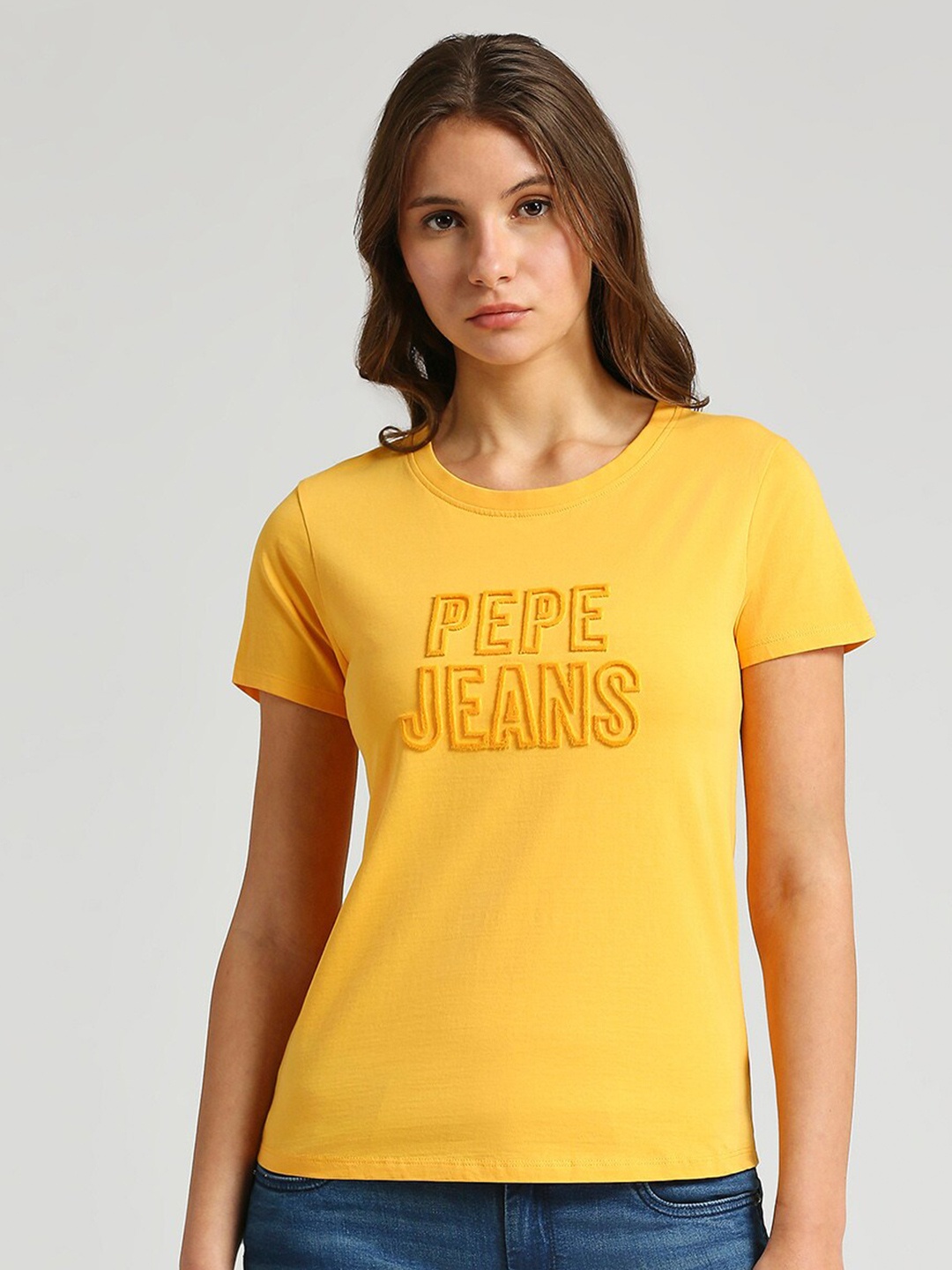 

Pepe Jeans Round Neck Applique Pure Cotton T-shirt, Yellow