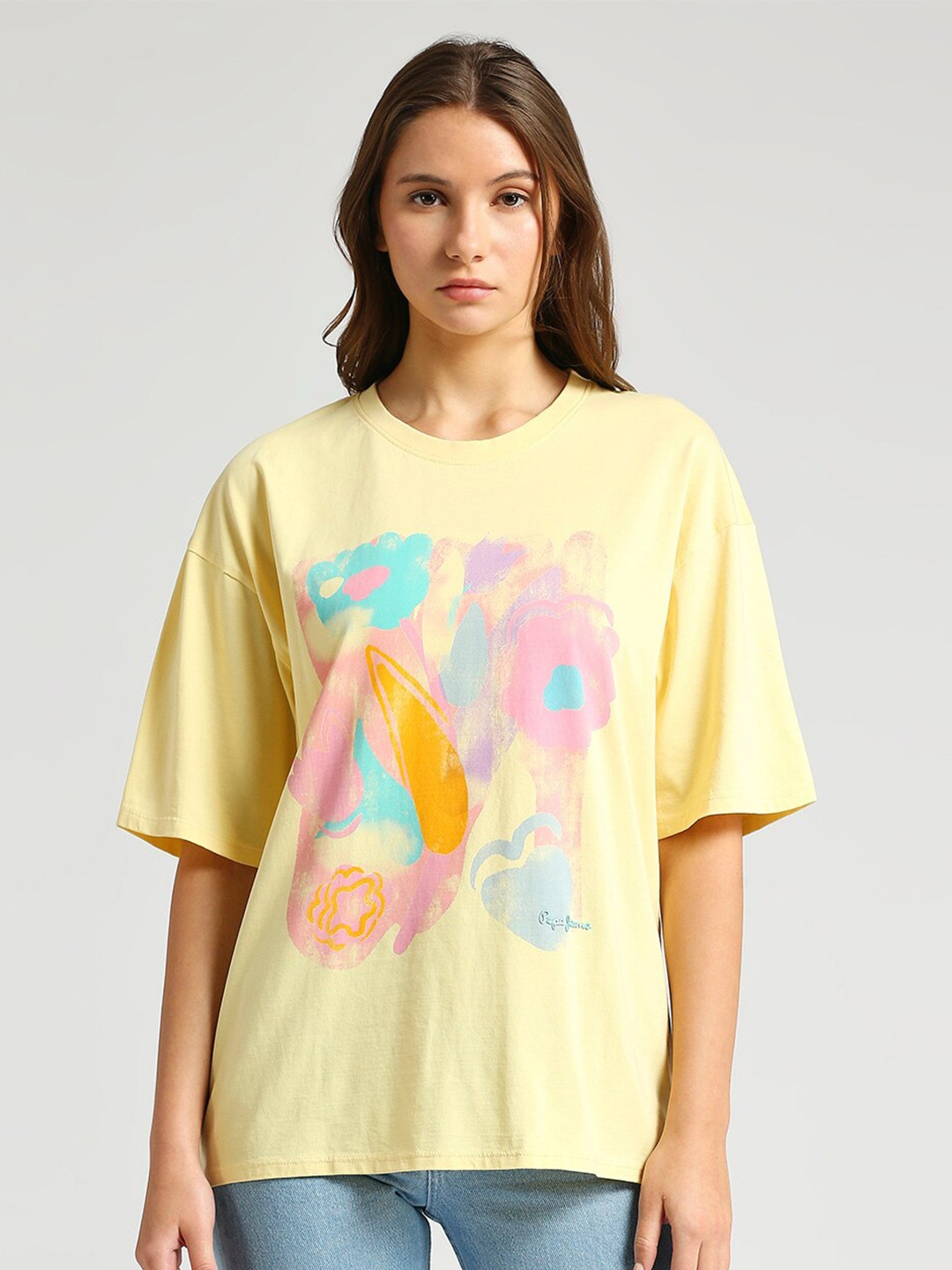 

Pepe Jeans Graphic Printed Round Neck Pure Cotton Oversized T-shirt, Yellow