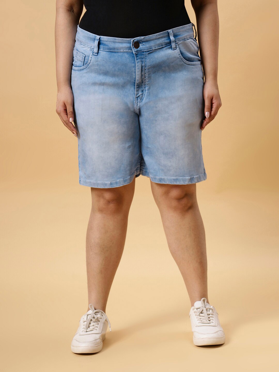 

ZUSH Women Plus Size Washed Stretchable Cotton Denim Shorts, Blue