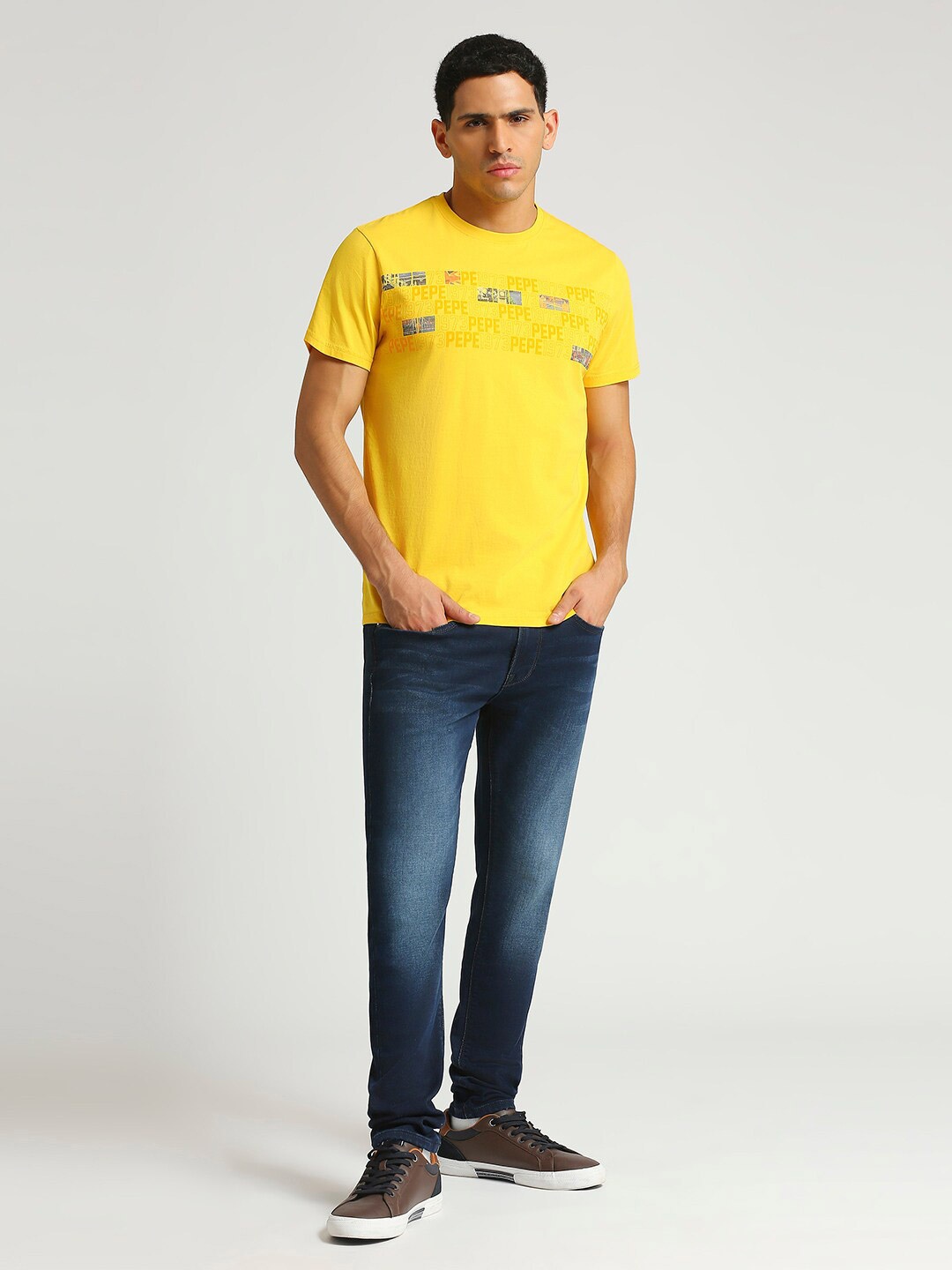 

Pepe Jeans Typography Printed Round Neck Pure Cotton Slim Fit T-shirt, Yellow