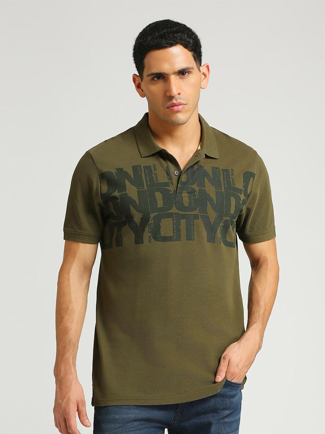 

Pepe Jeans Typographic Printed Polo Collar Pure Cotton T-shirt, Green